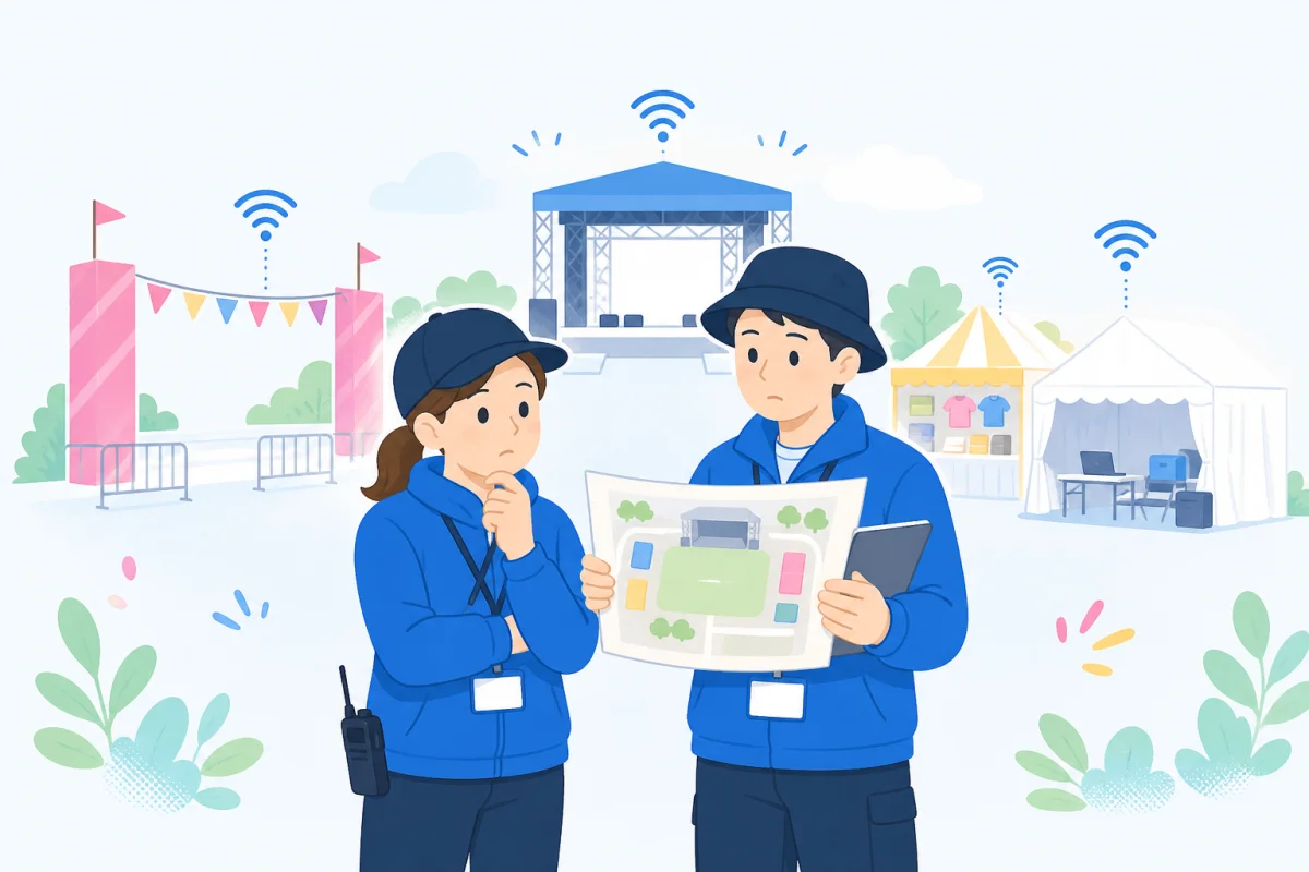 会場マップを見ながらイベント用Wi-Fiの配置を考える運営スタッフのイラスト
